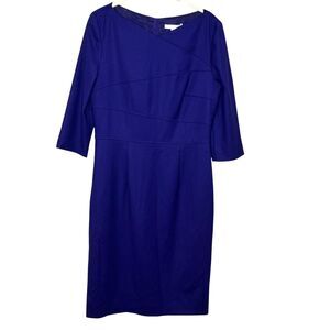 BOSS Dress Womens US 6 Blue Dripera Sheath Three Quarter Sleeve Knee Length Work